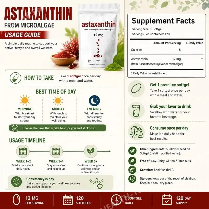 Astaxanthin 12mg Triple Strength Softgels Antioxidant for Eye Skin Joint & Immune Health From Haematococcus Pluvialis 120ct — image 3