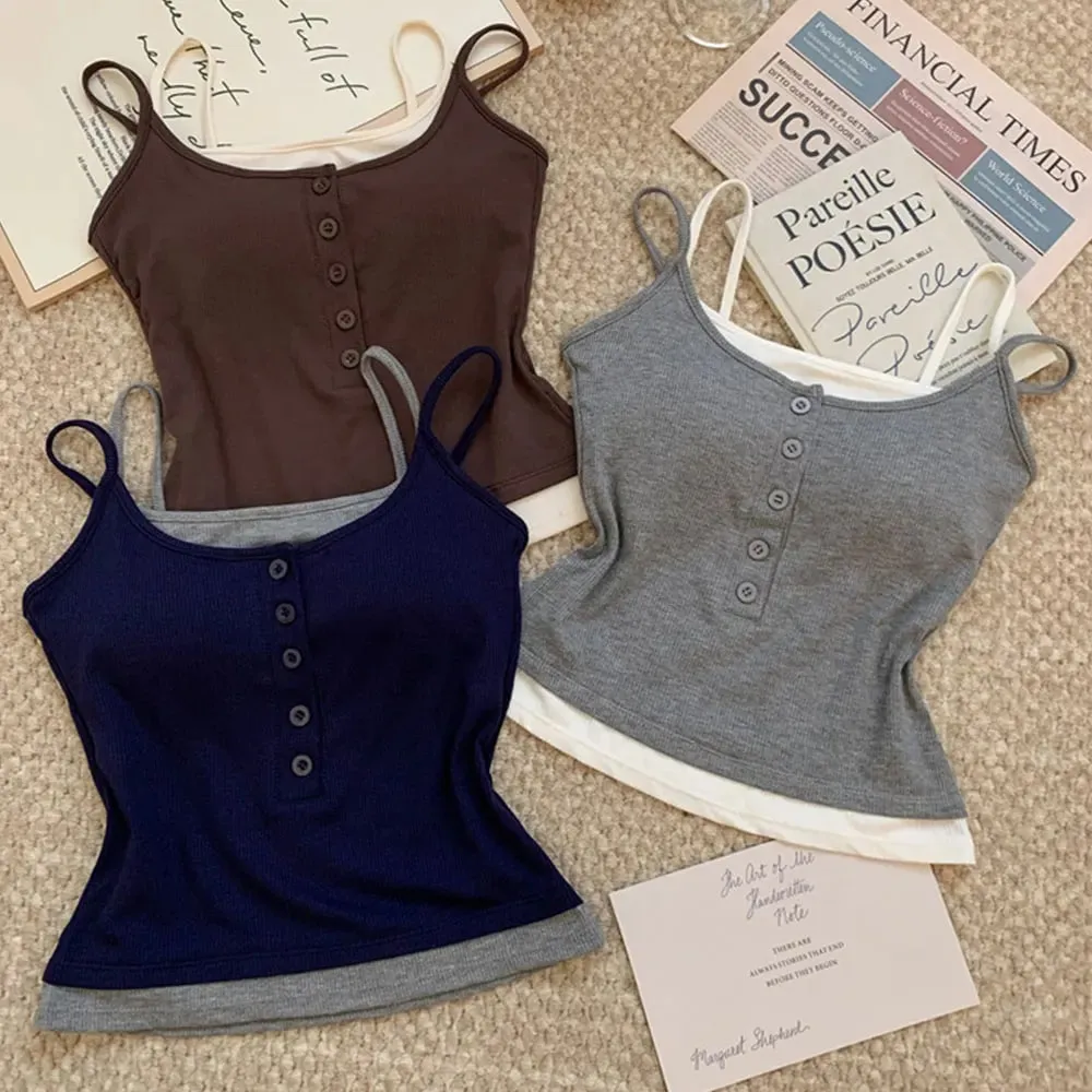 Top Tank Top Dua Keping Palsu Berlapis Kasual Y2K Butang Knit Berusuk Cami Slim Fit Tanpa Lengan Baju Atasan Dengan Pad Dada Untuk Dipakai Harian