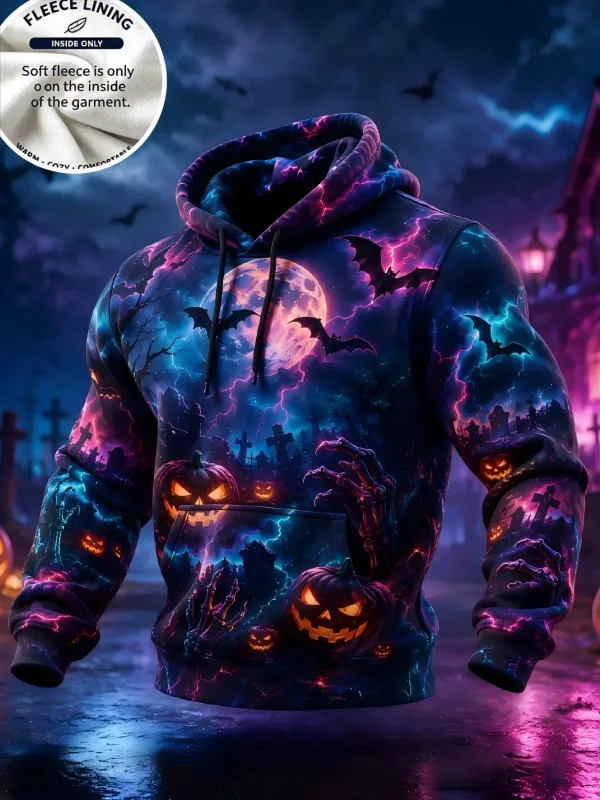 3D Print Halloween Fleece Hoodie Witch Black Cat Monster Shadow Pumpkin Pullover Long Sleeve Kangaroo Pocket Holiday Sweatshirt