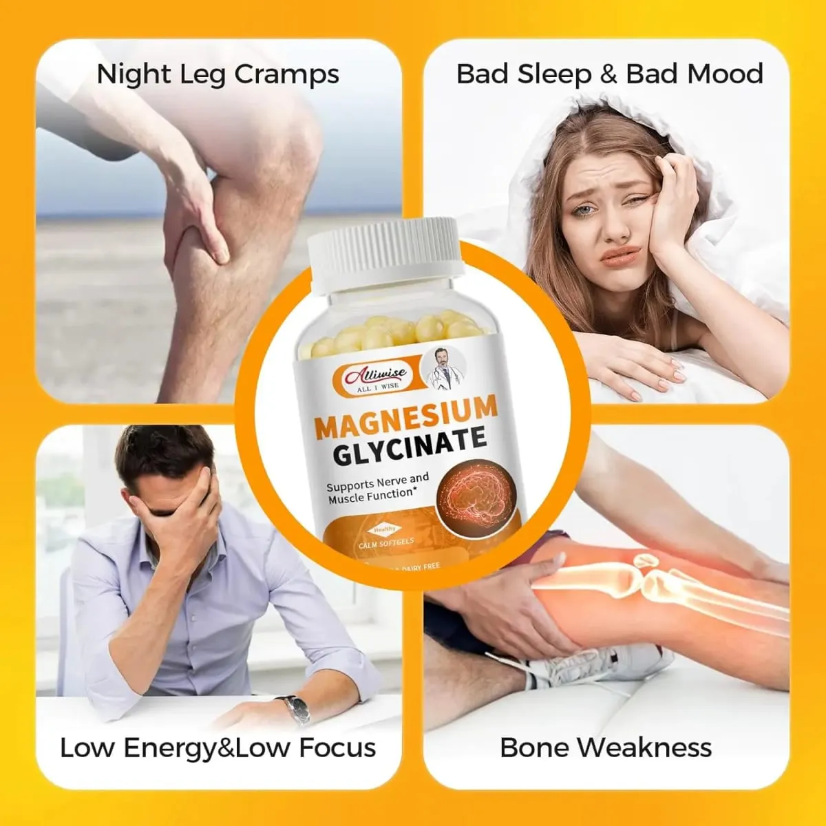 Alliwise Magnesium Glycinate 400mg Συμπλήρωμα ορυκτών για γυναίκες και άνδρες Φυσική υποστήριξη ύπνου Υγεία οστών Ανοσία Υποστήριξη διάθεσης — image 6