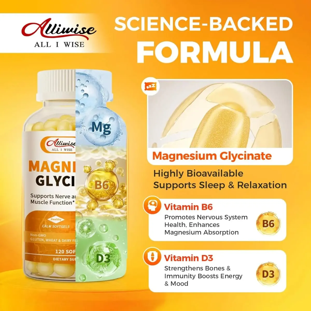 Alliwise Magnesium Glycinate 400mg Συμπλήρωμα ορυκτών για γυναίκες και άνδρες Φυσική υποστήριξη ύπνου Υγεία οστών Ανοσία Υποστήριξη διάθεσης — image 2