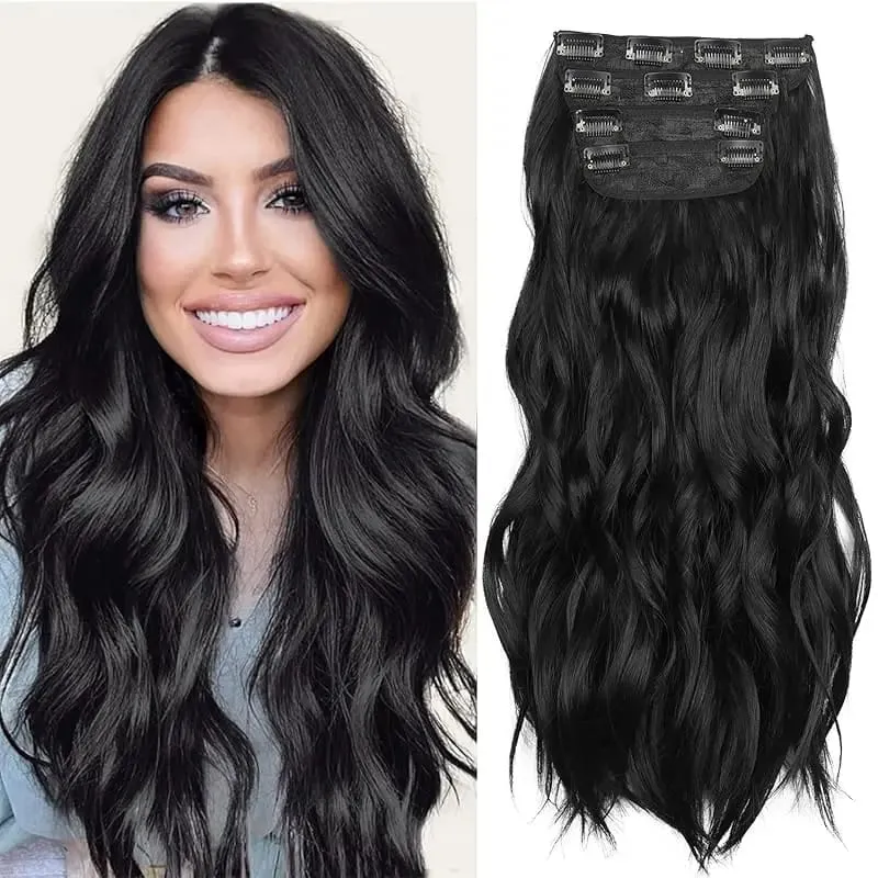 Black 20 Inch 4pcs Thick Hairpieces Long Wavy Natural Synthetic Clip in Hair Extensions for Women
