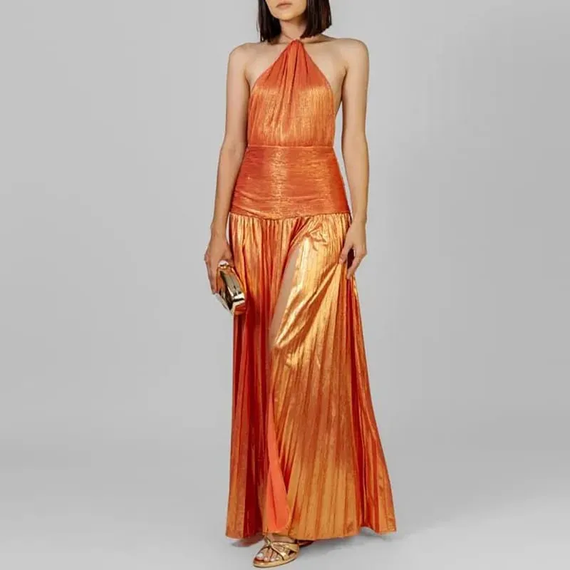 Gold Sexy Halter High Split Gowns Evening Dress Woman Chic Solid Hollow Pleated Long Dress Spring Summer Backless Zip Maxi Dress — image 12