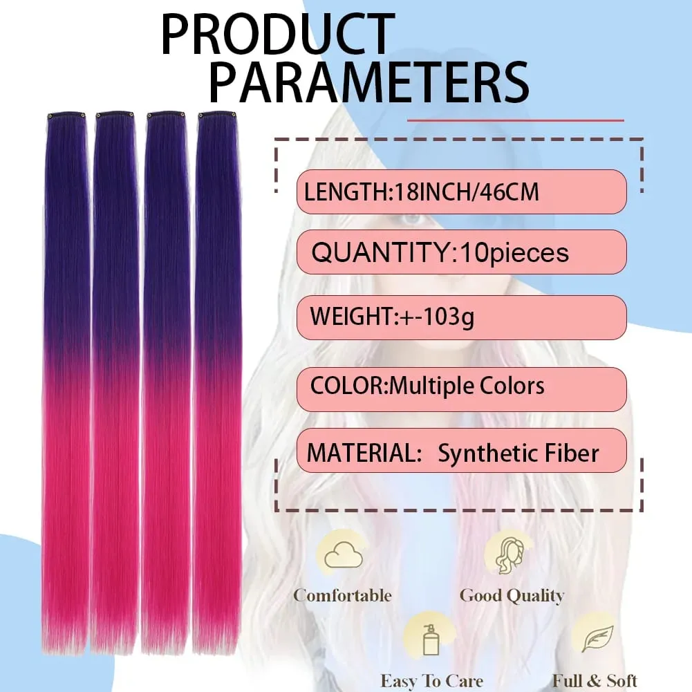 10pcs Colored Party Highlights Clip in Hair Extensions for Girls 18 inches Omber 2 colors Straight Hair Synthetic Hairpieces — image 4