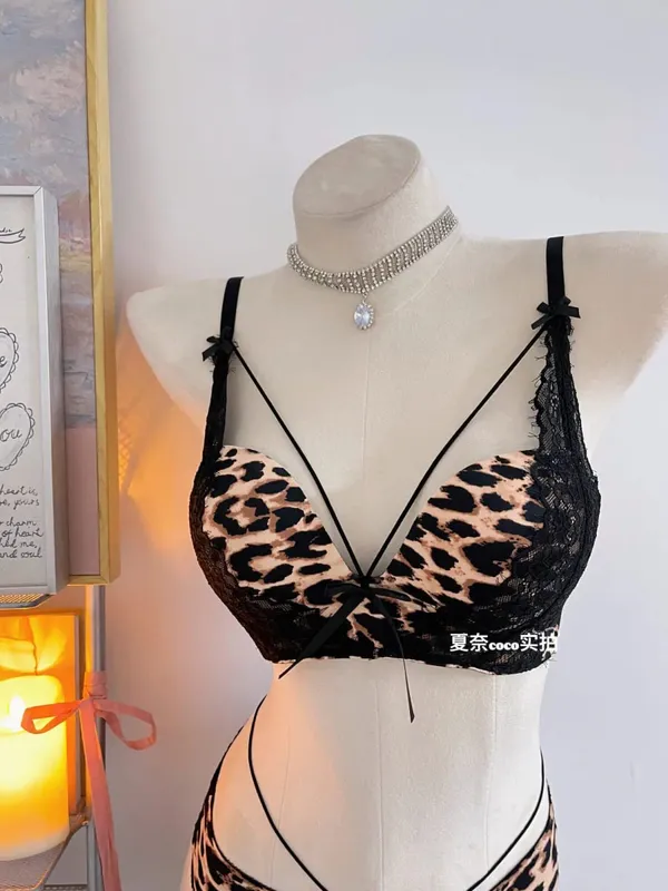 New Sexy Leopard Print Deep V Push Up Bra Lingerie Set for Women Small Bust Push Up Effect Anti Ptosis Daily Wear 32-38 Bra Set