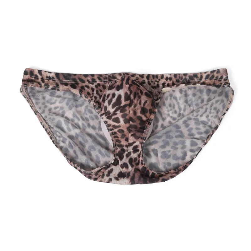 Men Sexy Briefs Underwear Mesh Sheer Ultra-Thin Underpants Big Penis Pouch See Through Panties Leopard Bikini — image 19