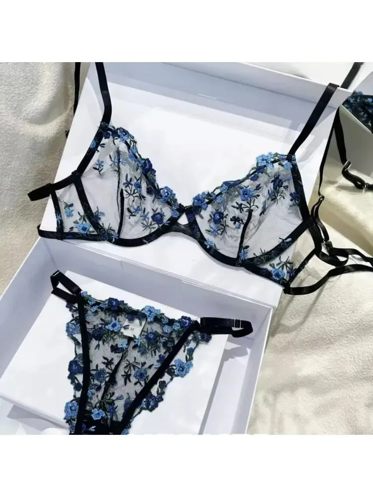 French Luxury Lingerie Set - Sexy Floral Embroidery Black Bra & Panty Set Sheer Transparent Seductive Women's Intimates — image 3