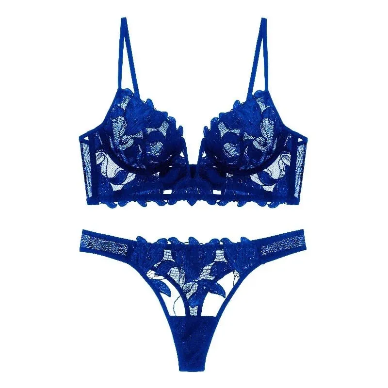 Sexy French Lace Embroidery Brassiere Lingerie Set Women's Underwear Set Push Up thin Bralette Deep V Bra and Panty Set — image 8