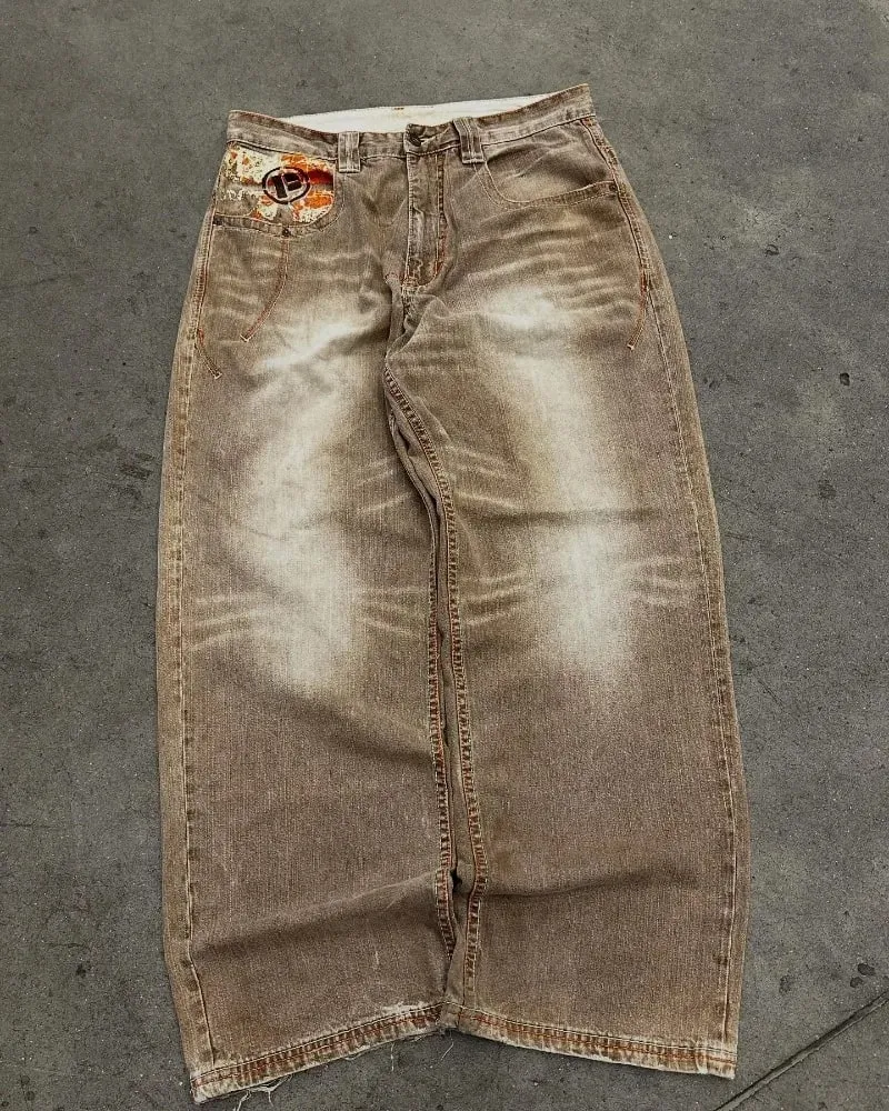 Y2K American Fashion New Oversize Brief bestickt gelb gewaschen Baggy Jeans Männer Vintage Gothic beliebte lässige Hose mit weitem Bein