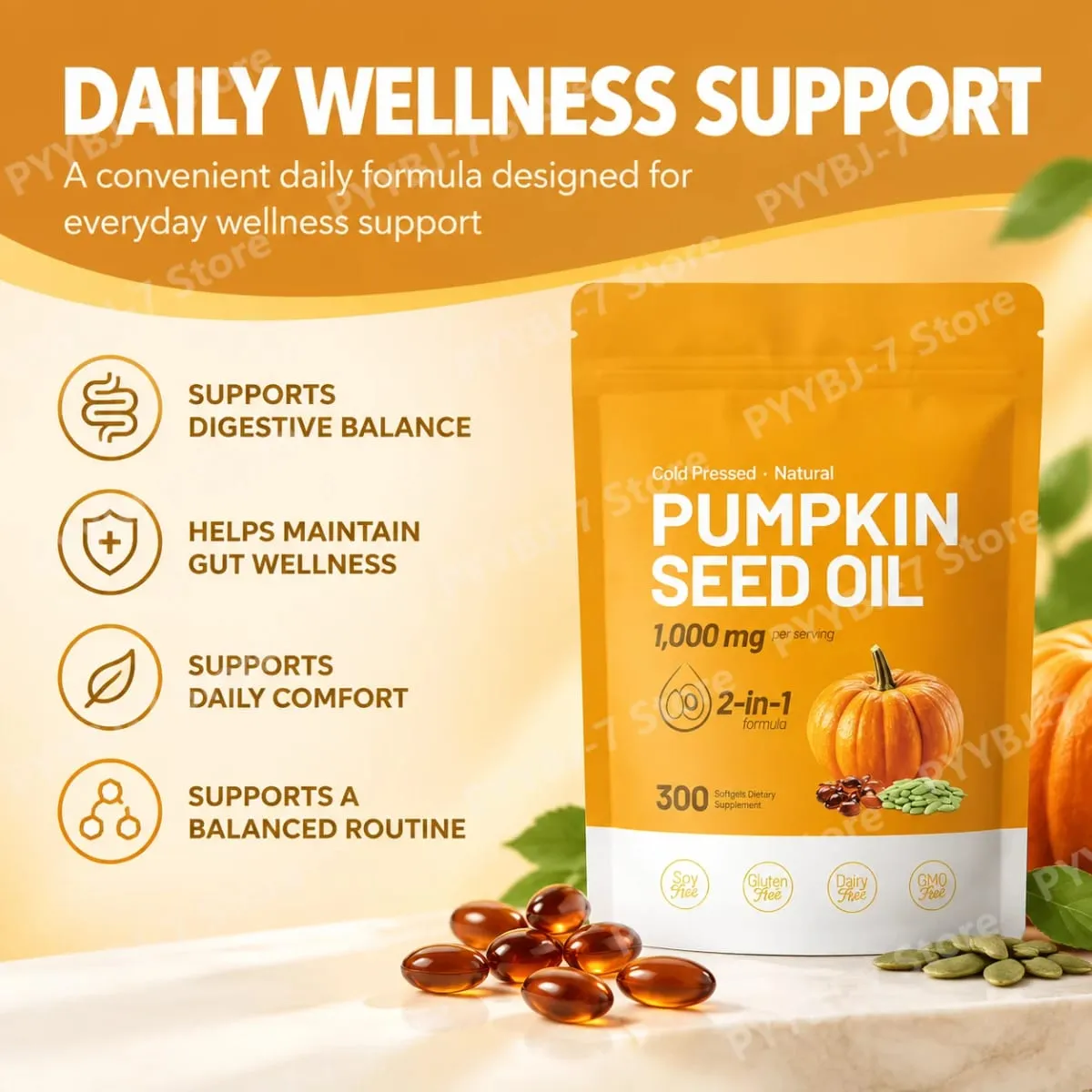Pumpkin Seed Oil Capsules Cold Pressed Pure Virgin Oil Essential Fatty Acids Phytosterols 300 Softgels Supports Hair Non GMO