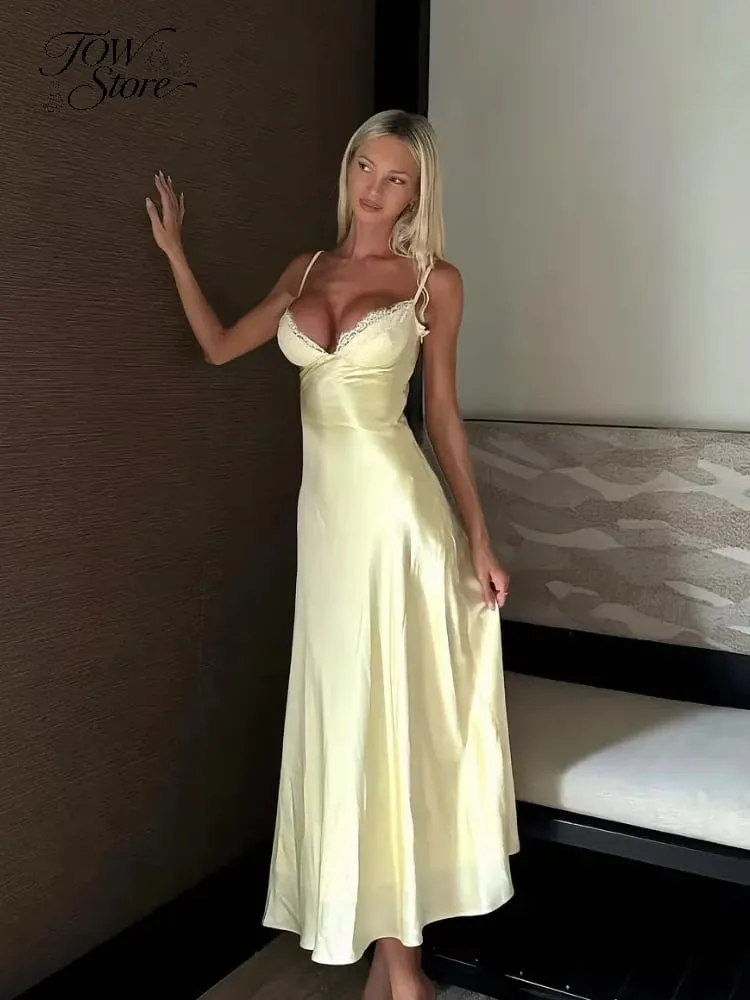 Solid Satin Lace Slip Dress Spaghetti Strap Trim Women V-neck Bias Cut Maxi Dresses 2026 Lady Elegant Evening Party Summer Gown — image 2