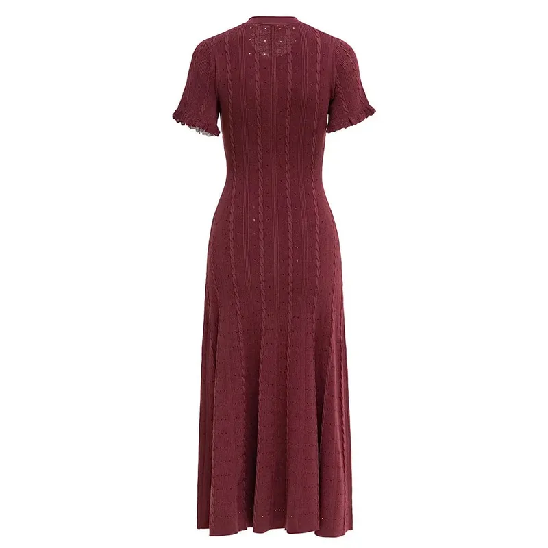 Summer Elegant Lady Knitted Single Breasted Long Dresses Women Solid Short Sleeve O Neck Button Bodycon Party Female Vestidos — image 9