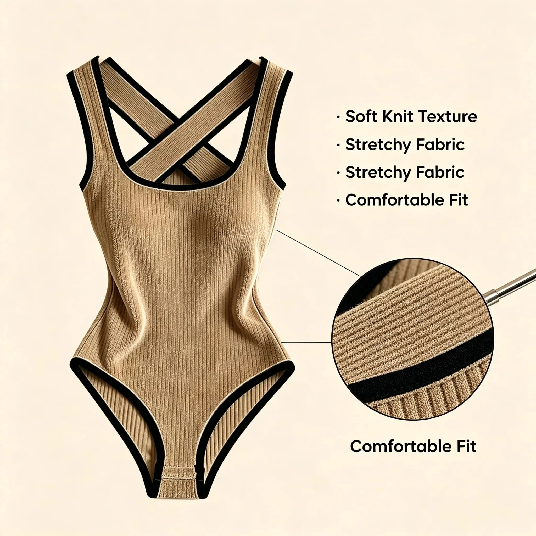 Women Ribbed Knit Bodysuit Sleeveless Tank Top Crisscross Back Black Contrast Trim Slim Stretch Casual Streetwear — image 4