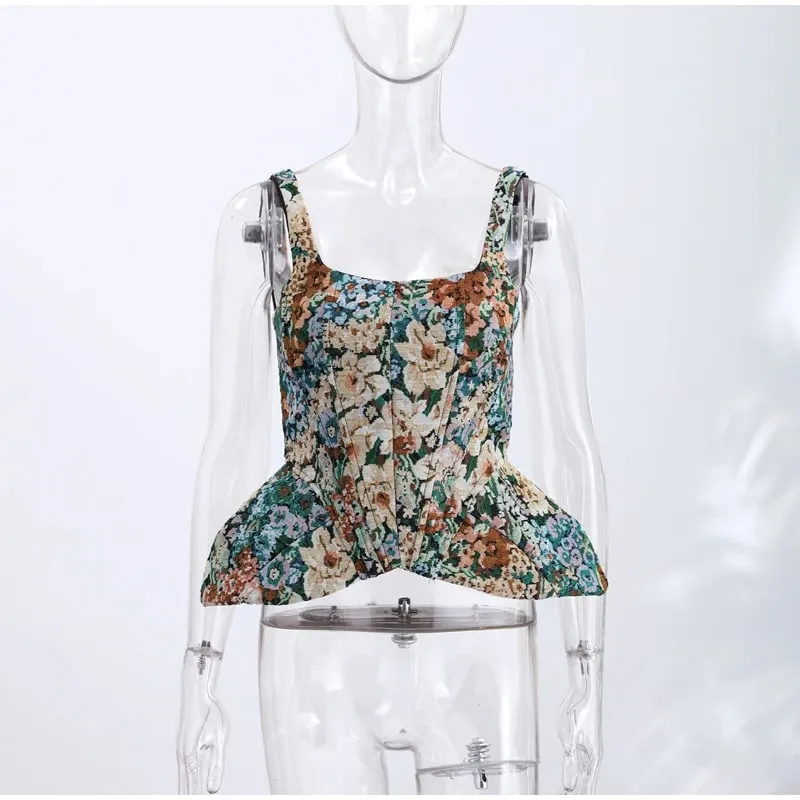 Chic Print Flower Slim Top Women Sleeveless Slash Neck Sling Backless Zipper Vest Female 2026 Fashion Summer Autumn Lady Tops — image 5