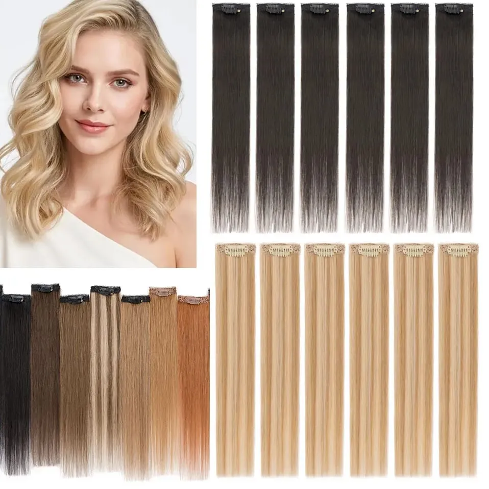 6 Pcs Clip In Human Hair Extensions Single Clip Ins Short Hair Extensions Seamless Straight Highlight Hairpieces for Women — image 2