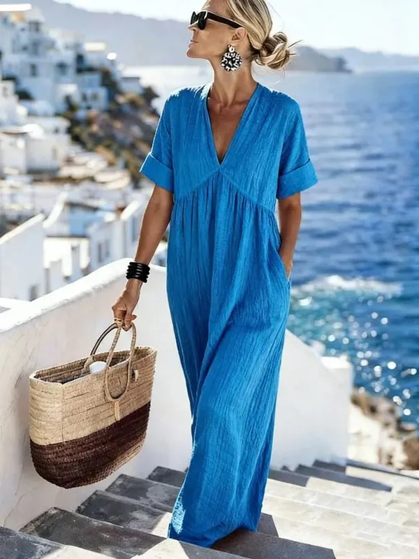 2026 Casual V-neck Short Sleeve Solid Color Women's Loose Dress Summer Elegant Female Fashion Vacation Pocket Long Dresses — image 10