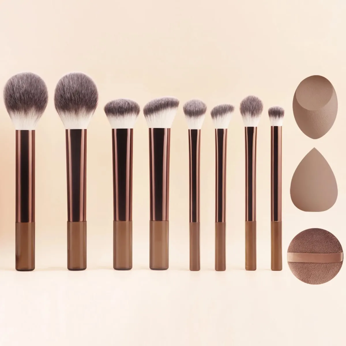 8Pcs Brown Coffee Makeup Brush Set Powder Blush Foundation Eyeshadow Brushes With Triangle Puff