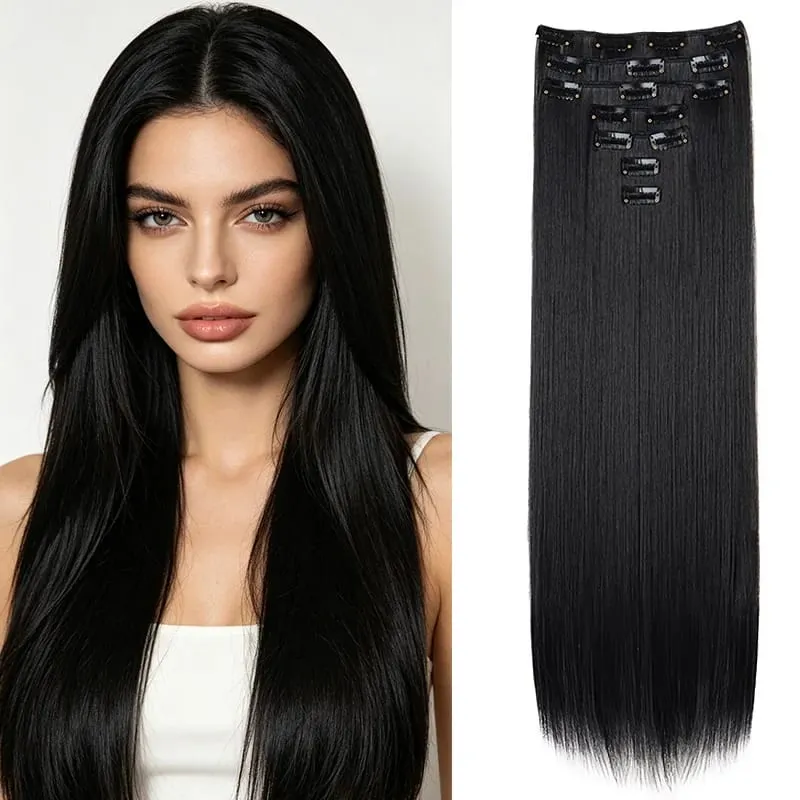 24Inch Synthetic 7pcs/set Long Straight Clip in Hair Extensions Invisible Fake Clips on Hairpieces for Women Party Daily Use