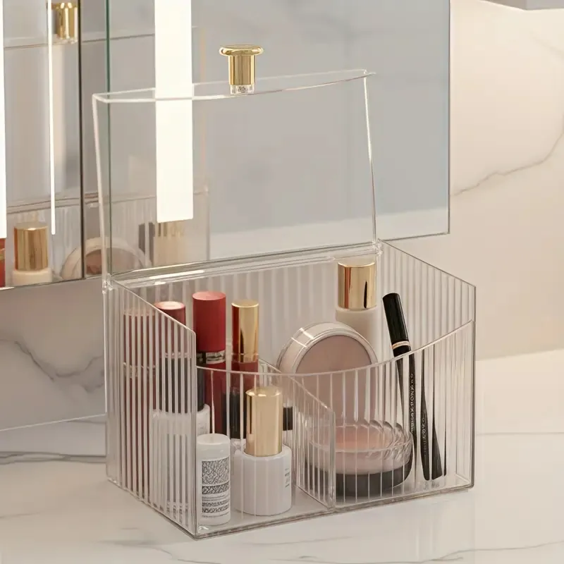 Clear Acrylic Makeup Brushes Holder with 2 Compartments and Flip Cover Makeup Tools Organizer Lipstick Holder Cosmetics Storage — image 3