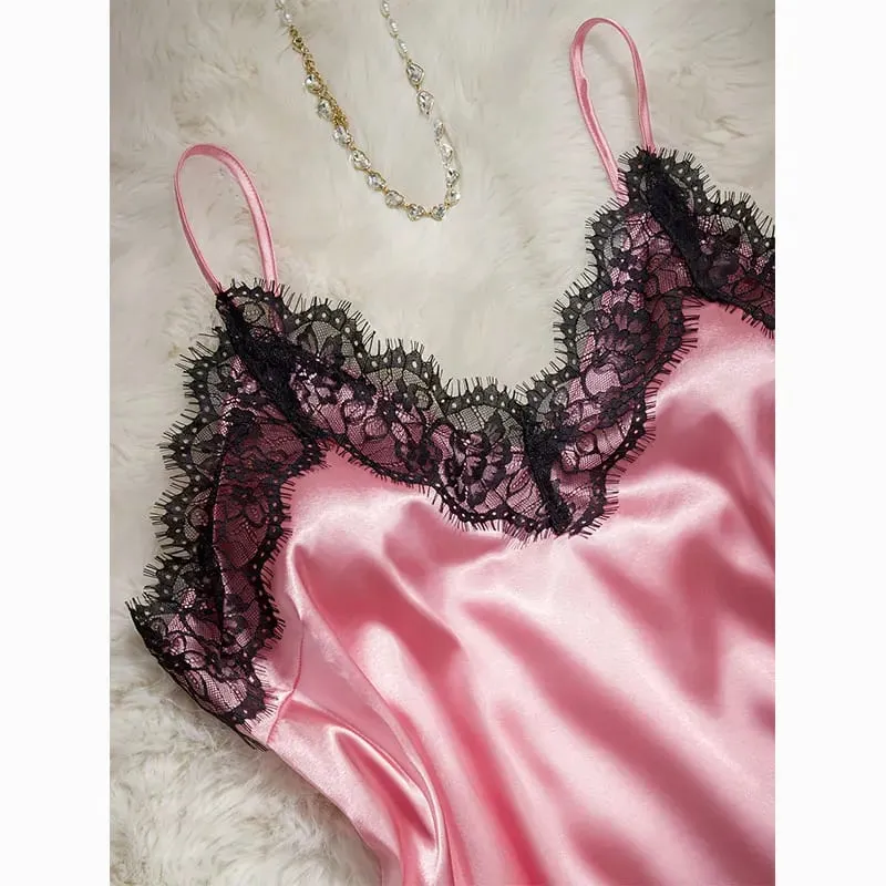 Solid Color Lace Trim Silk Lingerie Set Woman Pajamas Underwear Luxury Nightwear Sexy Bra V Neck Tank Short Summer Intimacy Sets — image 3