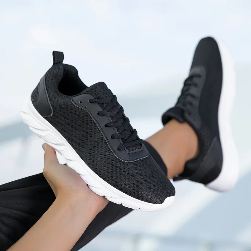 Zapatos atléticos negros sólidos para hombre, parte superior de malla hueca, suela ligera antideslizante, entrenamiento para trotar, calzado deportivo informal para viajes diarios al aire libre — image 2