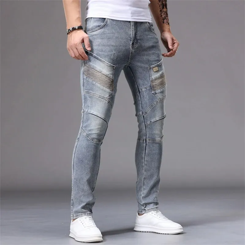 Men's Patchwork Skinny Ripped Jeans Fashion Trousers Elastic Slim Hole Biker Denim Pants Hip-hop Rock American Streetwear — image 5