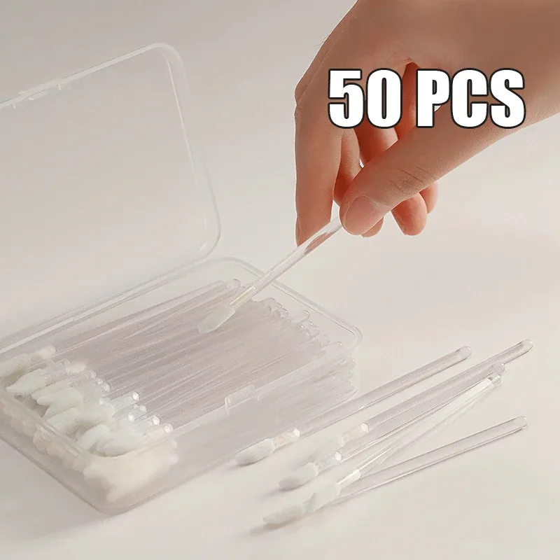 Pincéis descartáveis para lábios, 50/100 peças, pincel de maquiagem com ponta flocada, aplicador higiênico portátil para máscara corretiva de base de brilho labial