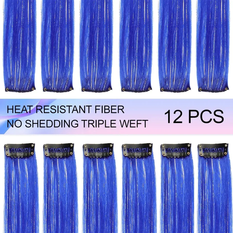 Synthetic Clip in Hair Extensions 12pcs/pack Clip in Colorful Hair Mixed Tinsels Glitter Hairpices for Women Girls Daily Party — image 4