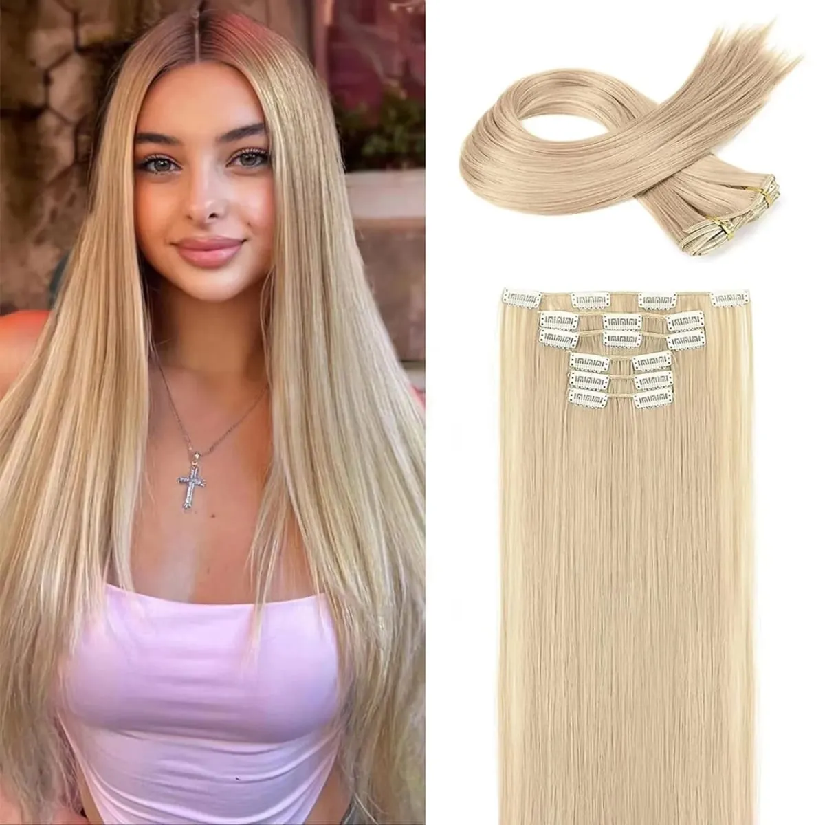 6 pçs clipe em extensões de cabelo 24 "longo reto resistente ao calor clipes sintéticos na peça de cabelo para uso diário feminino — image 10