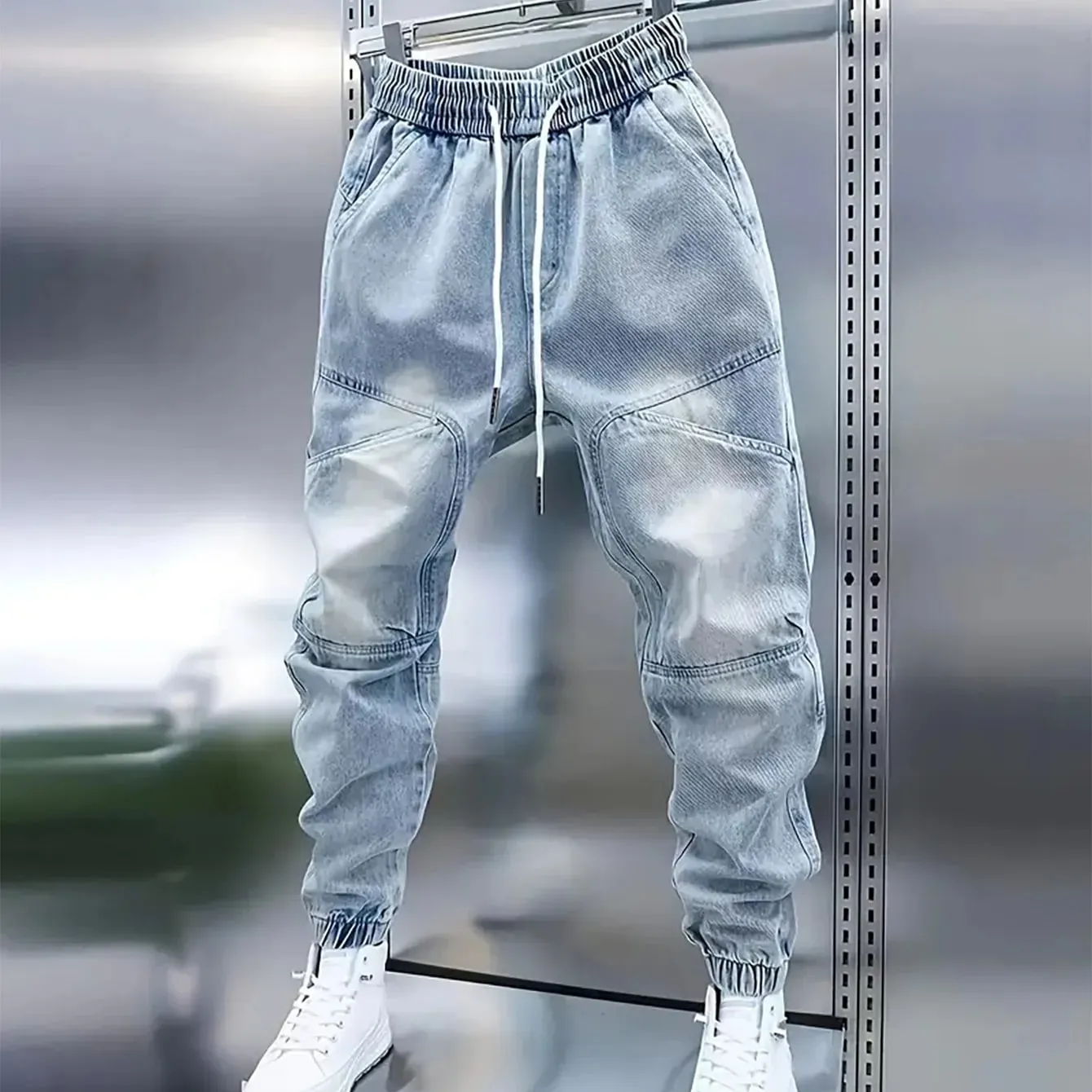 Men's New Drawstring Elastic Waist Light Blue Cuffed Baggy Jeans