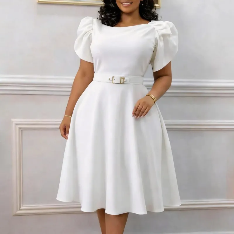 Women Dresses Solid Dress Sashes Round Neck Butterfly Sleeve Knee Length Empire Waist Slight Strech Casual Loose Fit 2026 Summer