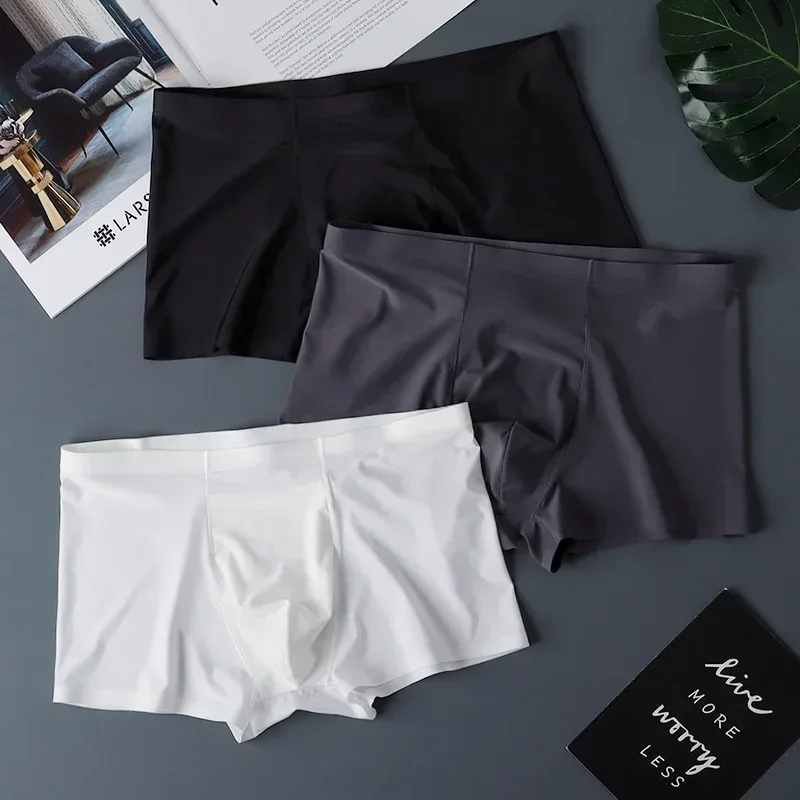 3 pièces de haute qualité hommes sous-vêtements en soie glacée été mince respirant sans couture culottes Sexy hommes caleçons grande taille — image 26
