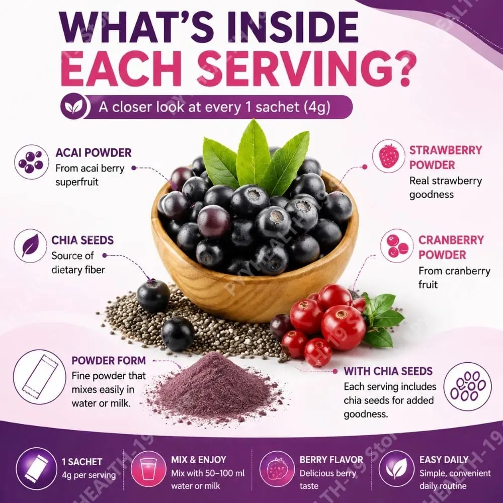 Acai Berry Drikkepulver med Chiafrø Jordbær Tranebær Til Antioxidant Daglig Wellness & Immunsystem Support Voksen 40g