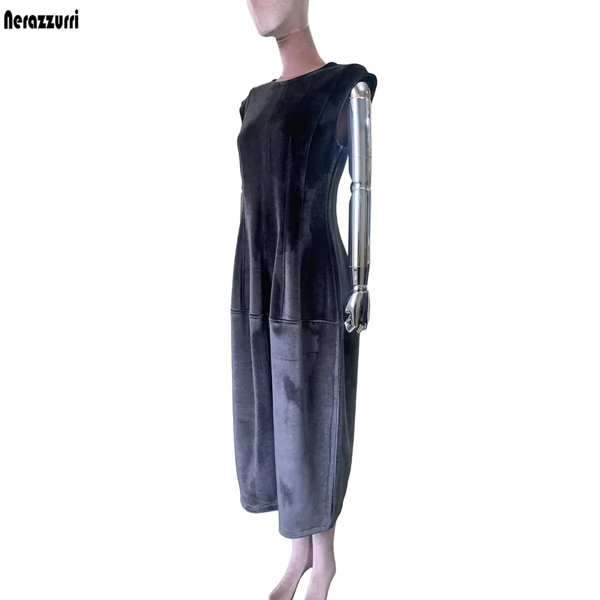 Nerazzurri Summer Autumn Long Luxury Elegant Luxury Fitted Dark Gray Sleeveless Soft Velvet Modest Dresses for Woman High Waist — image 3