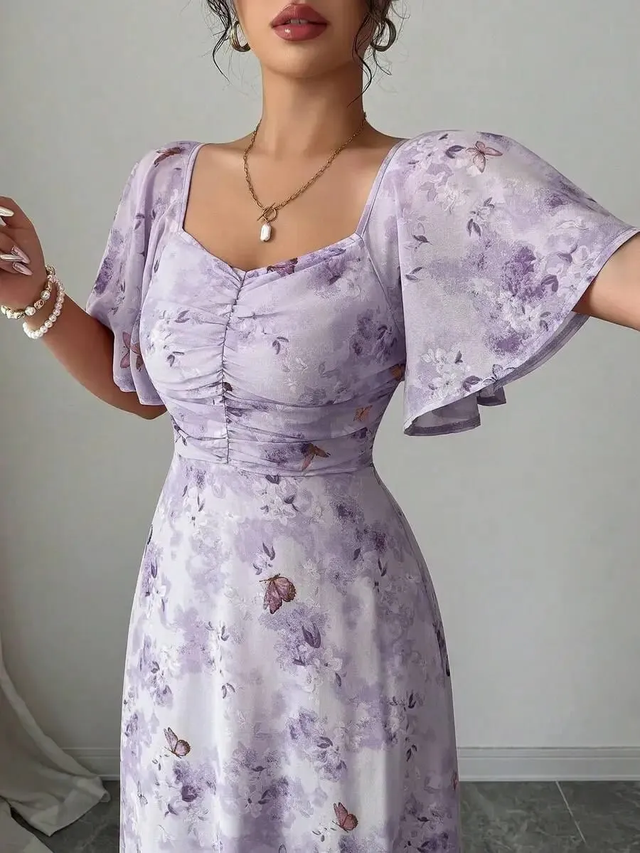 Women's Sweet French Style Mini Dress with Purple Butterfly Print Batwing Sleeves & Back Zipper — image 6