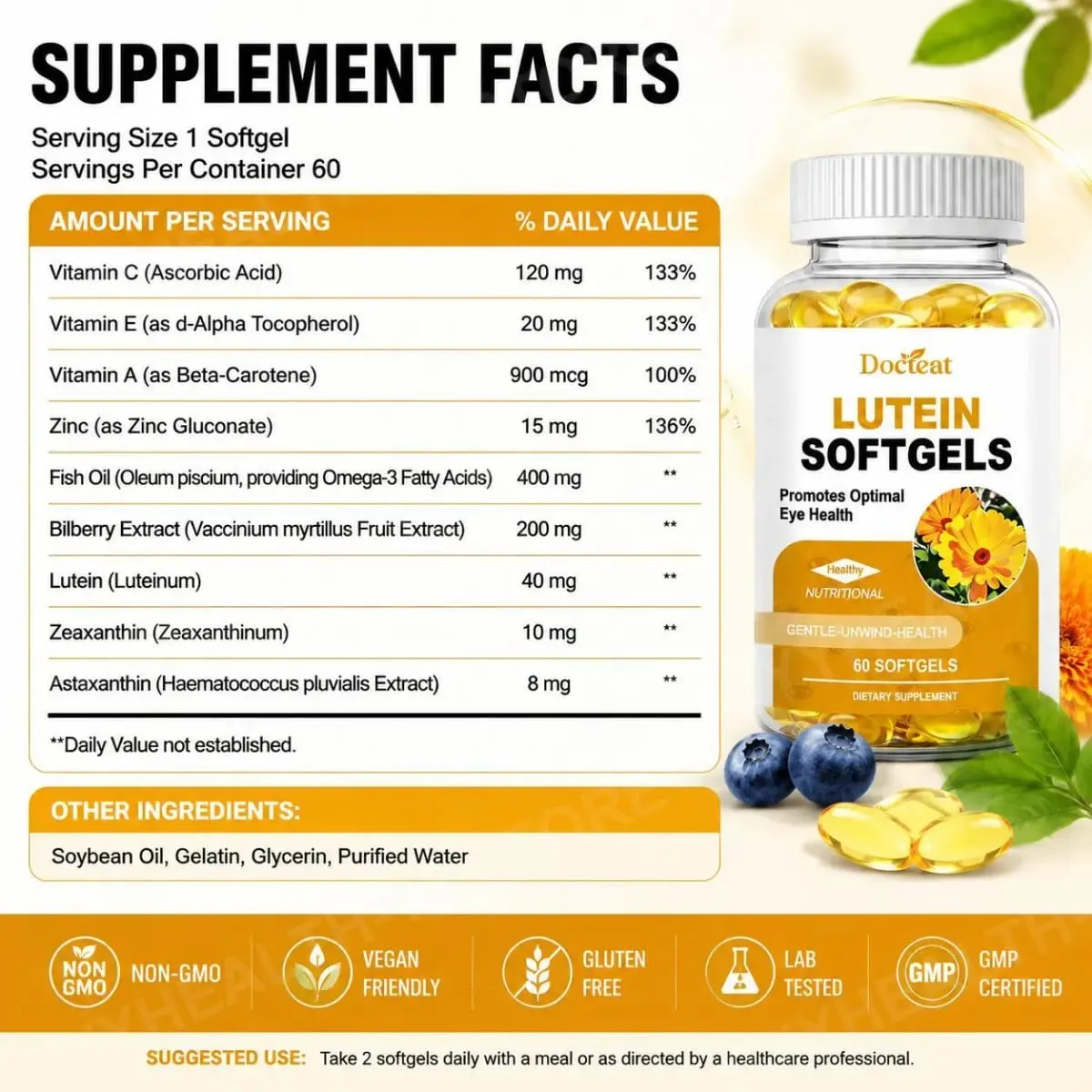 Docteat Lutein Zeaxanthin Softgels with Bilberry Fish Oil Astaxanthin Eye Health Daily Wellness Supplement for Adults60 Softgels — image 2