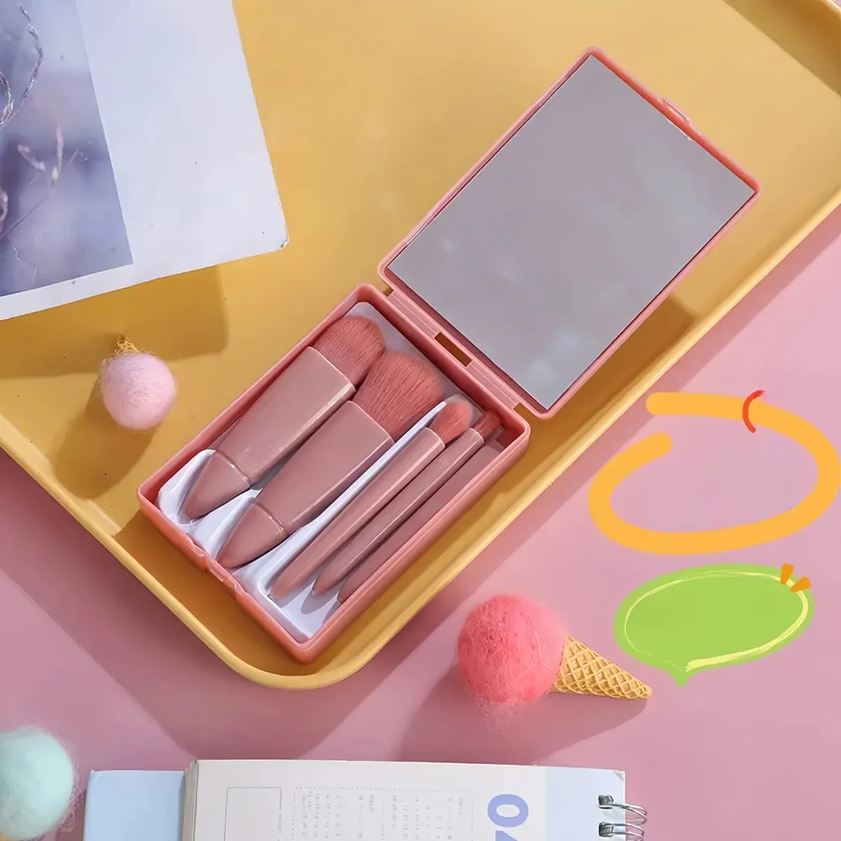 Conjunto de pincéis de maquiagem de 5 peças, ideal para viagens, com espelho compacto e mini estojo, sombra versátil e pincéis de pó solto — image 4