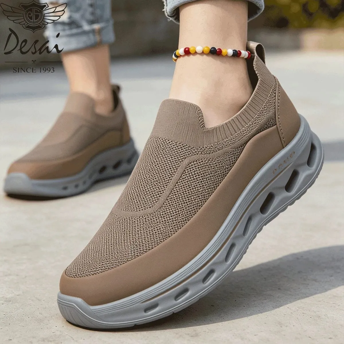 Desai Herren-Sneaker zum Hineinschlüpfen mit gestrickten Socken und breiter Breite, hohle Sohle, atmungsaktiv, leicht, Wanderschuhe, tägliches Pendeln im Freien