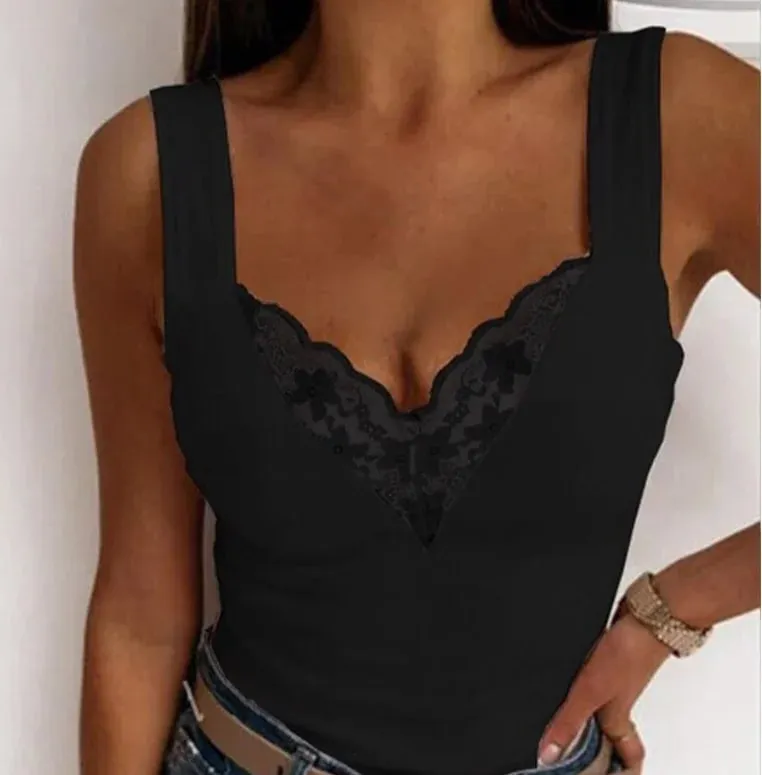 Sexy Lace Tank Tops Women V-Neck Top T-Shirt For Women Casual Hollow Out Basic Camisole Female Perspective Tanks Sleeveless — image 2