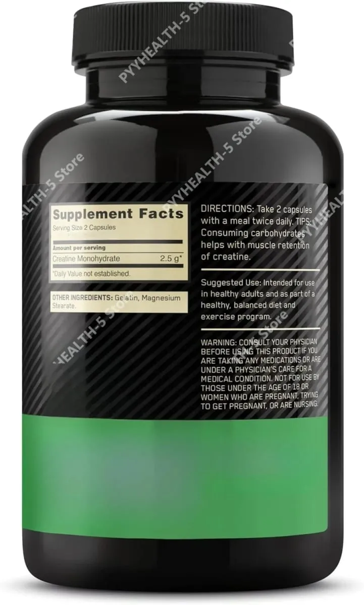 Creatine Monohydrate Supplement 60 Capsules Muscle Strength Fitness Pre-Workout Post-Workout Muscle Recovery Non-GMO Gluten-Free