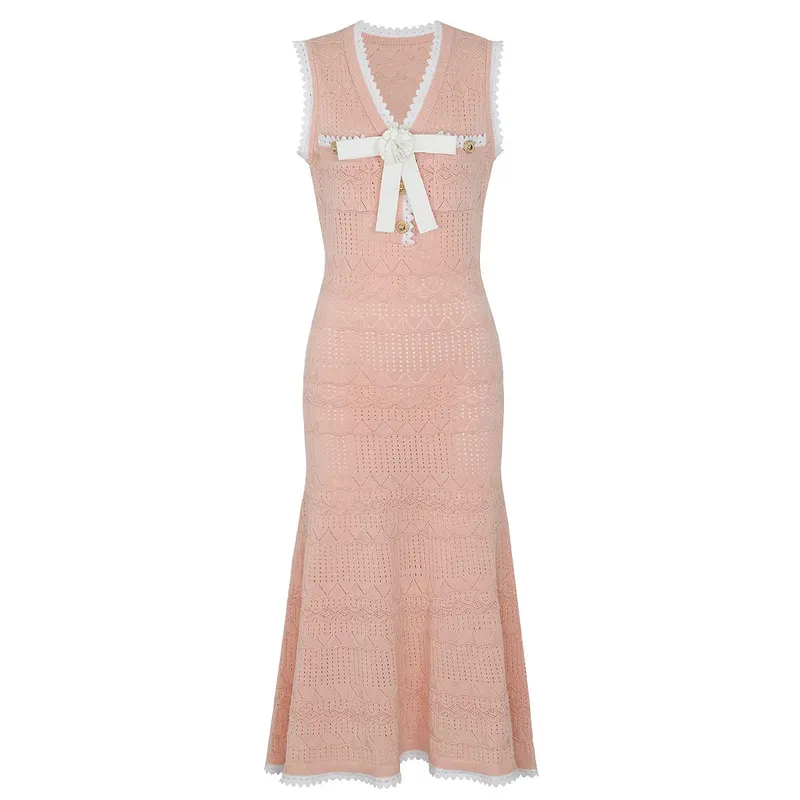 Summer Elegant Knitted Dresses for Woman 2026 Fashion New Sleeveless Bowknot Midi Casual Party Dress Pink White Vestidos — image 5