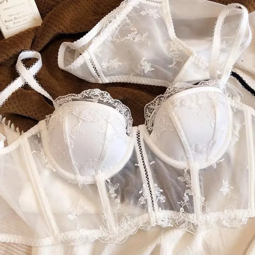 Vintage French Half Cup Embroidery Lace Longline Corset Bra Set Sexy Push‑Up Bust Support Shaping Lingerie 2Pcs Underwear Suit — image 6