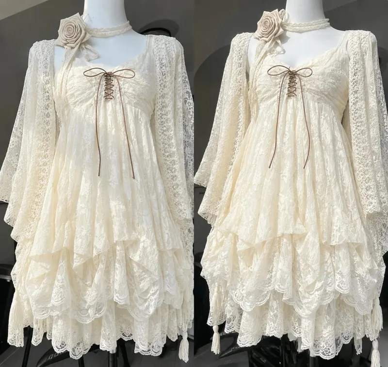 2026 frau Japanische Süße Spitze Blume Y2k Ästhetischen Verband Grunge Kleider Harajuku Ärmellose Patchwork Vintage Kleid Chic
