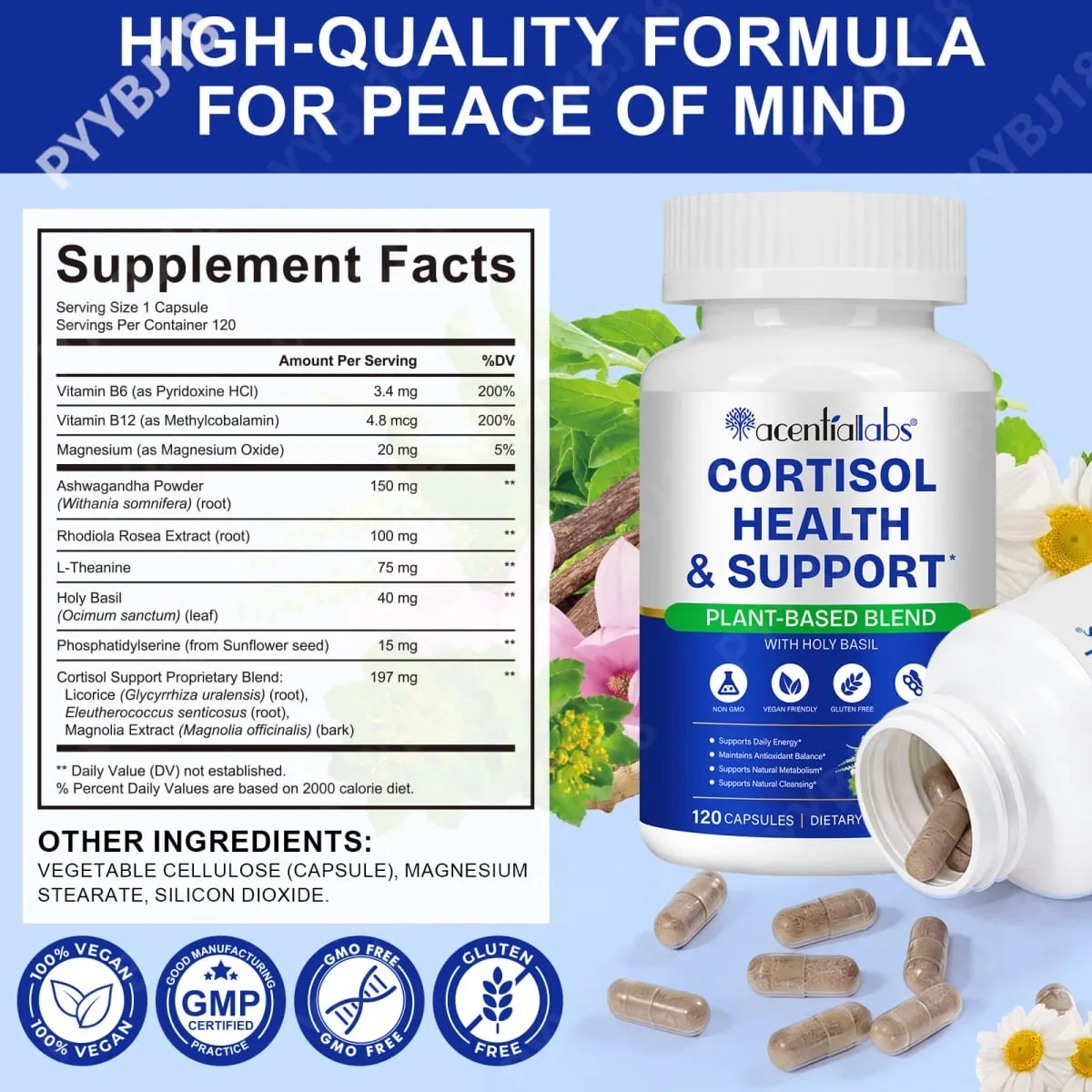 AcentiaLabs Cortisol Health & Support Capsules with Holy Basil Ashwagandha and Magnesium for Calm Stress Balance 120 Capsules — image 3