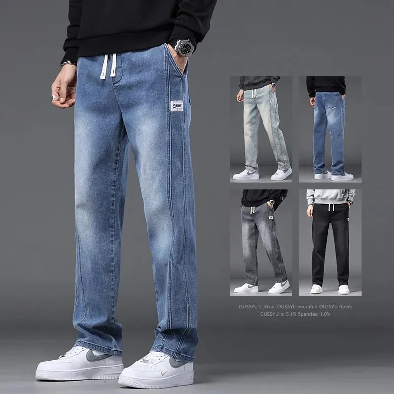 Autumn Winter Blue Jeans Men Drawstring Elastic Waist Cotton Cargo Denim Pants Work Fashion Thick Trousers Male Plus Size M-4XL — image 2