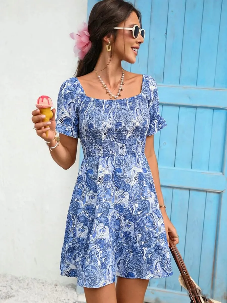 Women's Casual Dresses Square Neck Paisley Print Smocked A-line Dress Boho Dress Spring Summer Beach Date Cute Vacation Dress — image 3