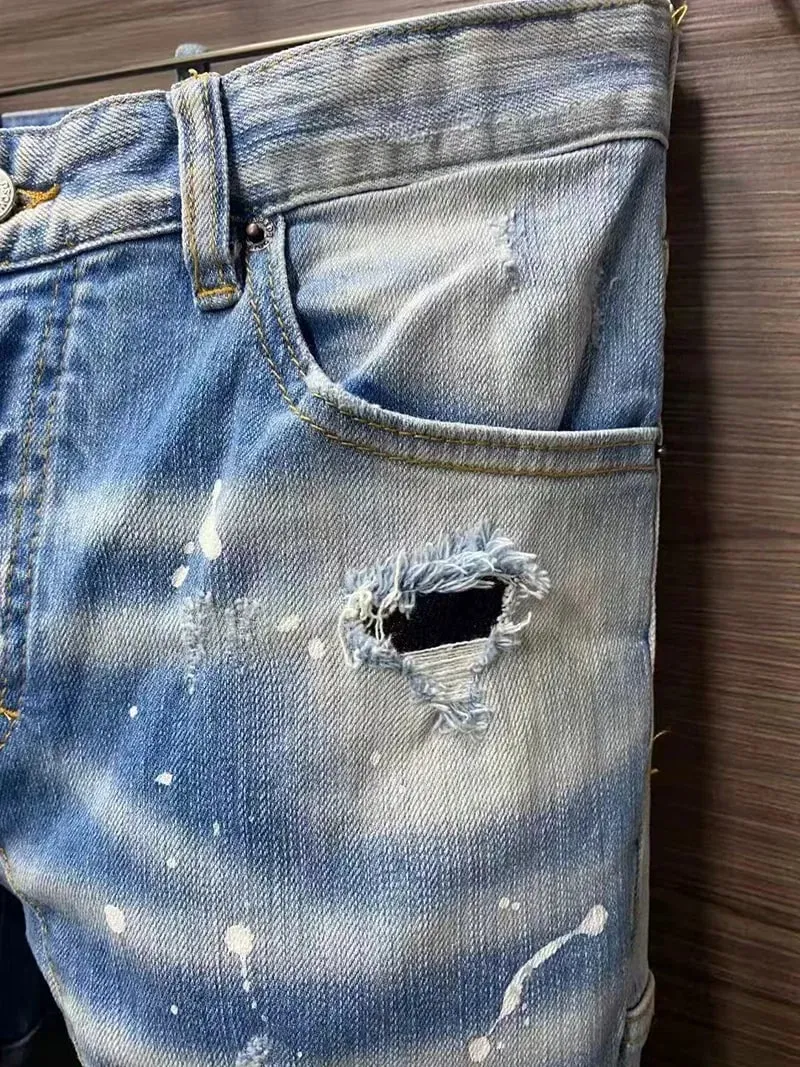 New Men's Ripped Jeans Distressed Elastic Slim Pencil Fit Denim Pants Paint Splatter Streetwear Y2K High Street Biker Trousers — image 8
