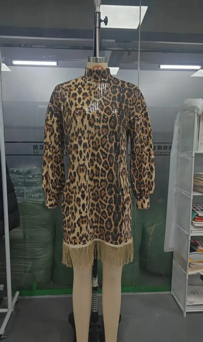 Autumn Winter Fashion Leopard Print Dress Casual Personalized Clothing Long Sleeved Sequins Tassel High Neck Pocket Short Dress — image 4