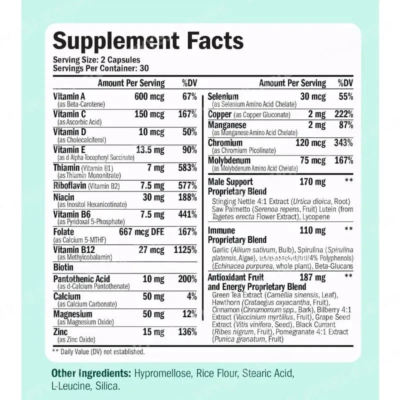 Multivitamin for Men Capsule Immune Health Support Contain Methylated Vitamins and Chelated Minerals Provide Body Energy 60count — image 3