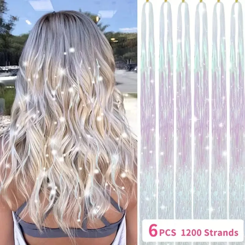 6pcs 22inch Colorful Glitter Tinsel Hair Extensions Fairy Hair Extension Hair Extension Tinsel Glitter Hair Synthetic Extensions